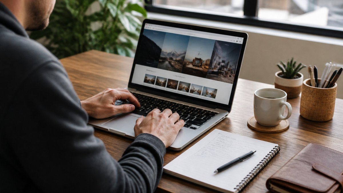 Solo entrepreneur reviewing an ai website hosting preview on a laptop at a bright home office desk