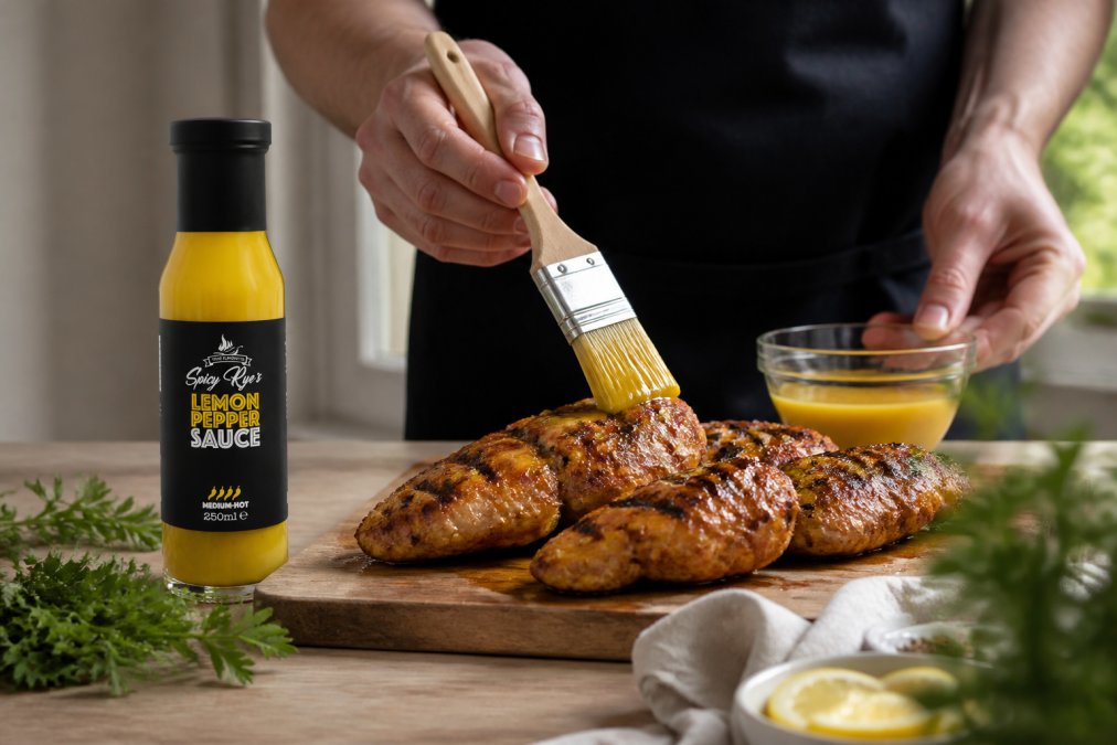 Close-up of hands brushing glaze onto golden-brown grilled chicken on a wooden cutting board, with a sauce jar and fresh herbs visible in soft natural window lighting