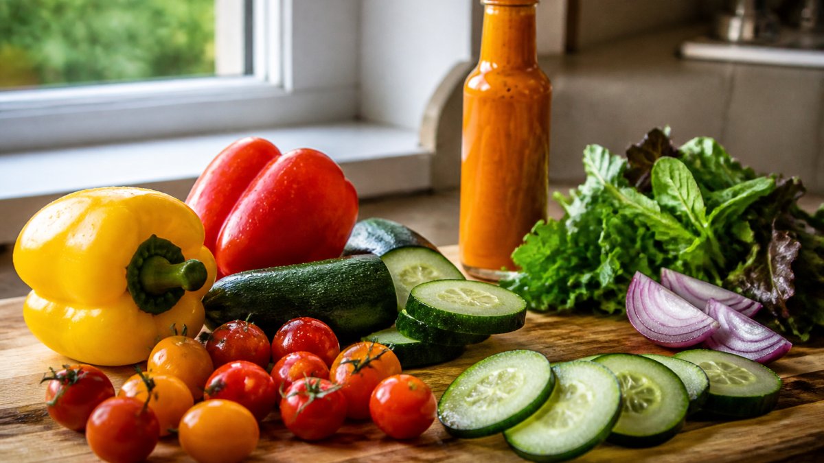 Fresh vegetables and a bottle of habanero hot sauce on a wooden cutting board in a sunlit kitchen