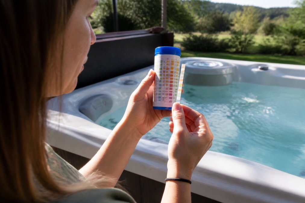 Homeowner holding a test strip up to the color chart on the test strip bottle in natural sunlight, comparing the strip's color to the chart while standing beside their hot tub
