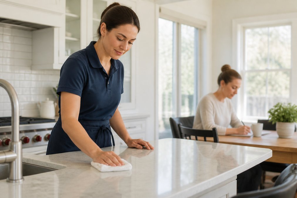 A professional cleaner in uniform wiping down a kitchen counter in a bright, modern home while a busy parent works on a laptop in the background