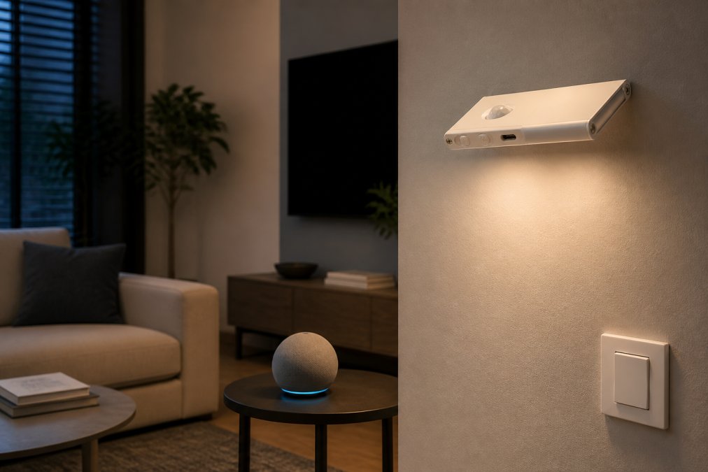 Modern living room with wireless motion sensor light mounted on wall, smart speaker on side table, and digital thermostat display visible, showing connected home automation during evening lighting