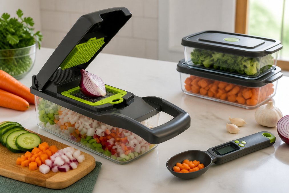 Kitchen counter during meal preparation showing vegetable chopper with diced vegetables, digital measuring spoon scale displaying weight, and vacuum sealed food storage containers stacked nearby, natural window lighting