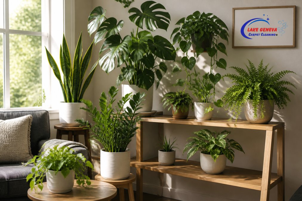 Bright, naturally lit living room corner with multiple potted houseplants of varying sizes arranged on shelves and tables, showing healthy green foliage and lush growth