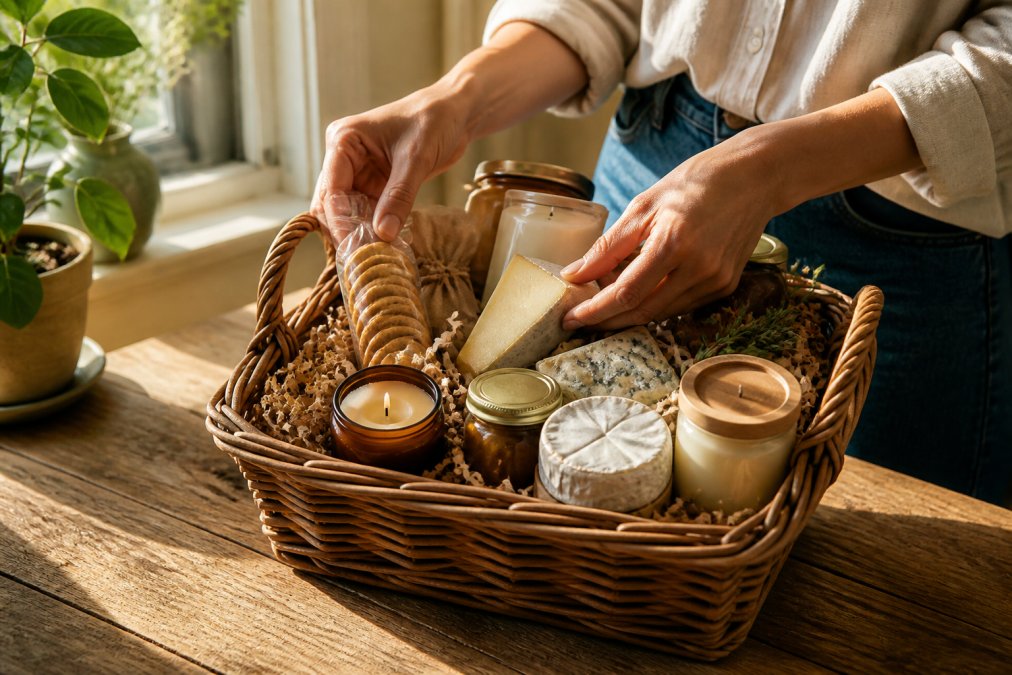 Hands carefully arranging gourmet crackers, artisan cheeses, and scented candles into a woven wicker basket on a natural wood table with warm afternoon sunlight streaming through a window