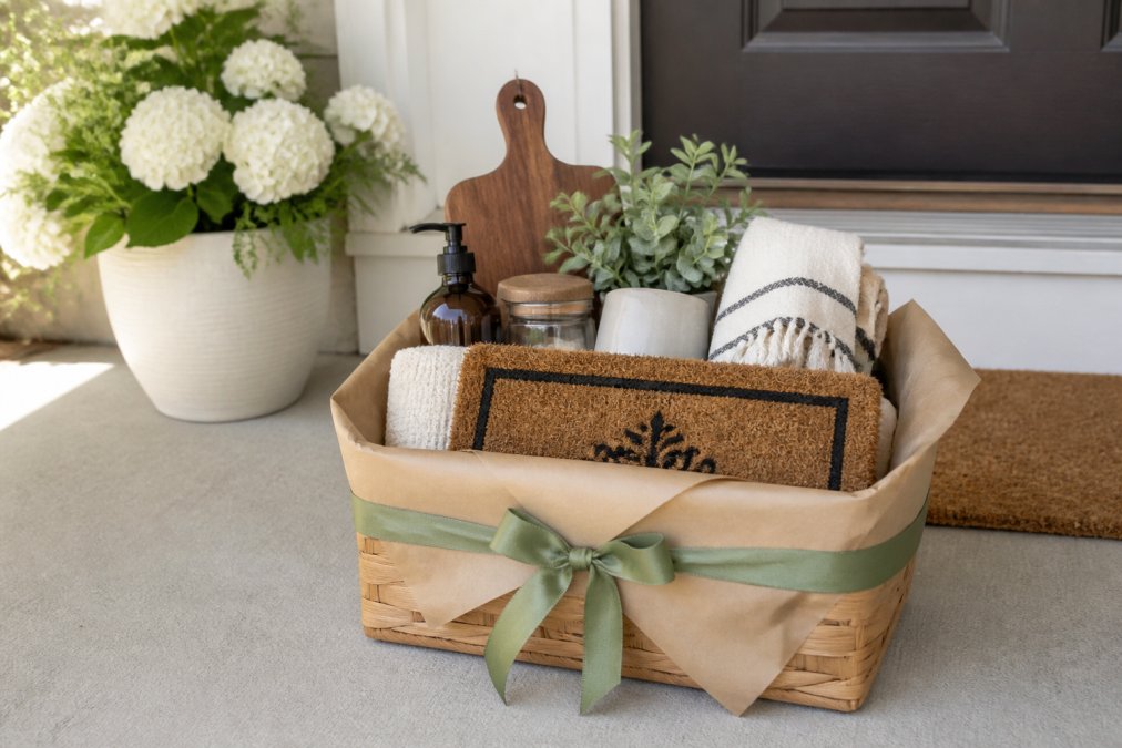 A beautifully arranged personalized housewarming gift basket with custom family name doormat, wrapped in kraft paper with a ribbon, displayed on a welcoming entryway with fresh flowers and soft natural lighting