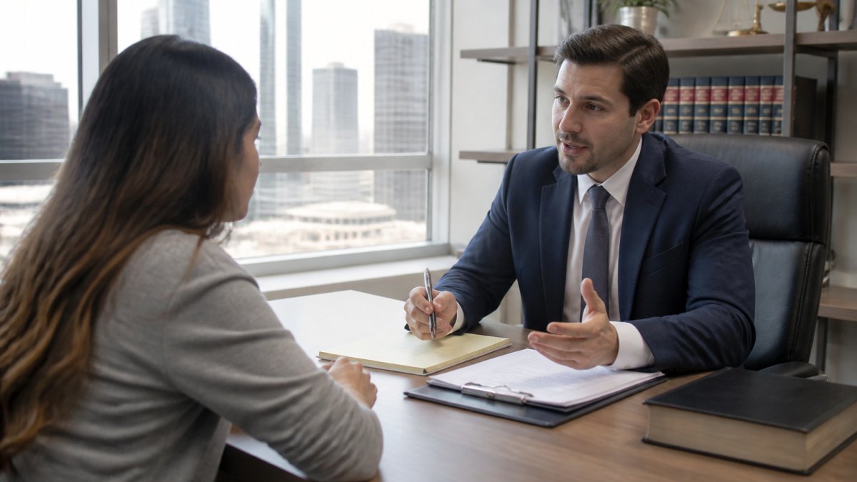 A prospective client sitting across a desk from an attorney in a bright consultation office, notepad and documents between them, both engaged in conversation
