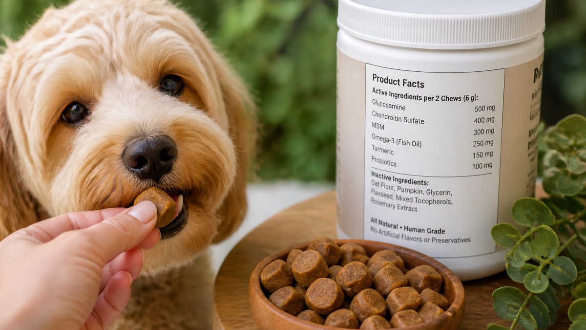 Close-up of a dog eagerly eating a soft chew supplement from a hand, with a visible ingredient label showing natural components in the background on a wooden surface with natural daylight