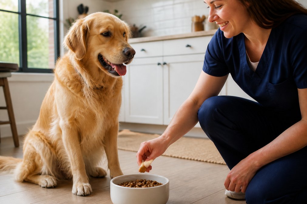 A happy golden retriever sitting beside a bowl of food with a veterinarian's hand placing a soft chew supplement on top, bright kitchen setting with natural window light