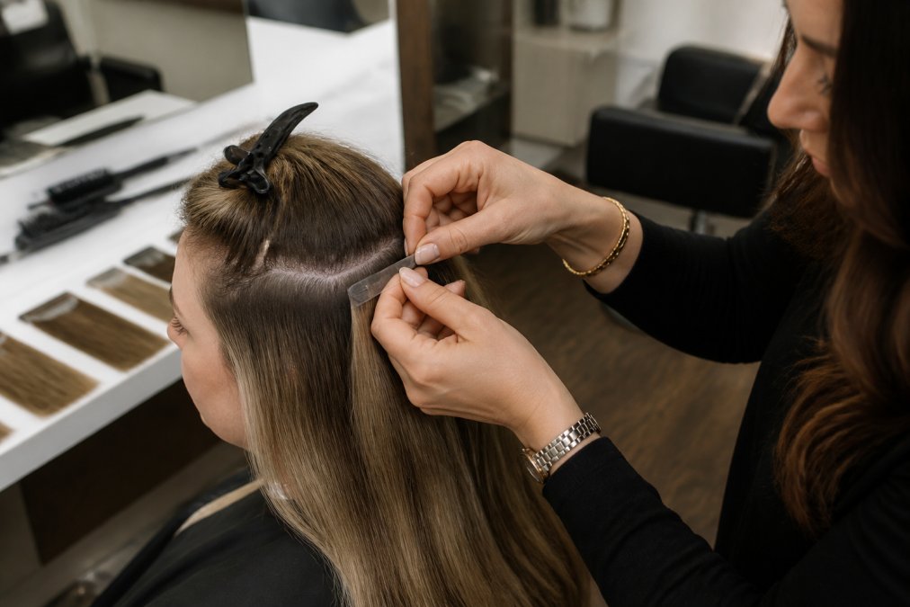 Professional hairstylist carefully applying lightweight tape-in extensions to client with fine, thinning hair at crown, using small sectioning technique with gentle hand placement and natural salon lighting