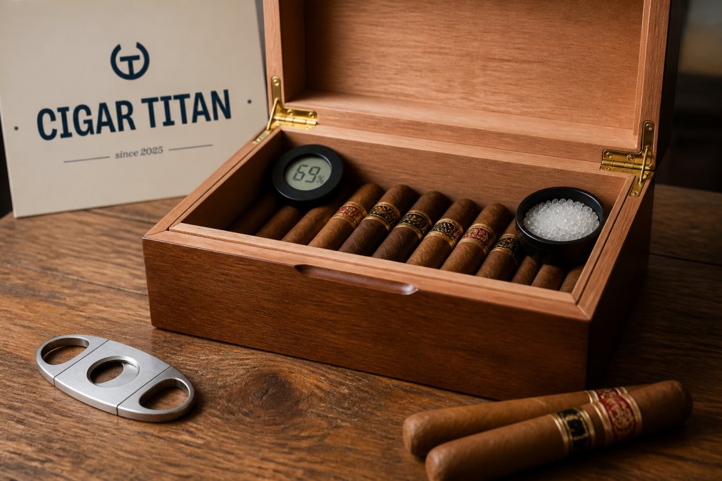 Infographic comparing active and passive humidification components inside a wooden cigar desktop humidor