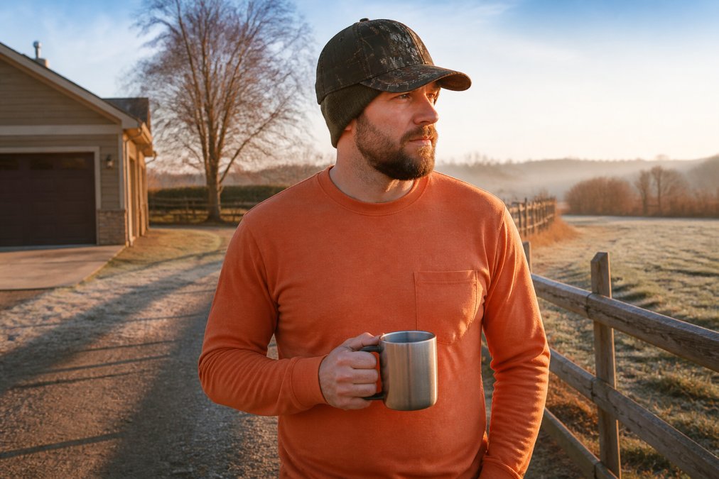 Person wearing camo cap and outdoor layers in a rural setting with natural morning light