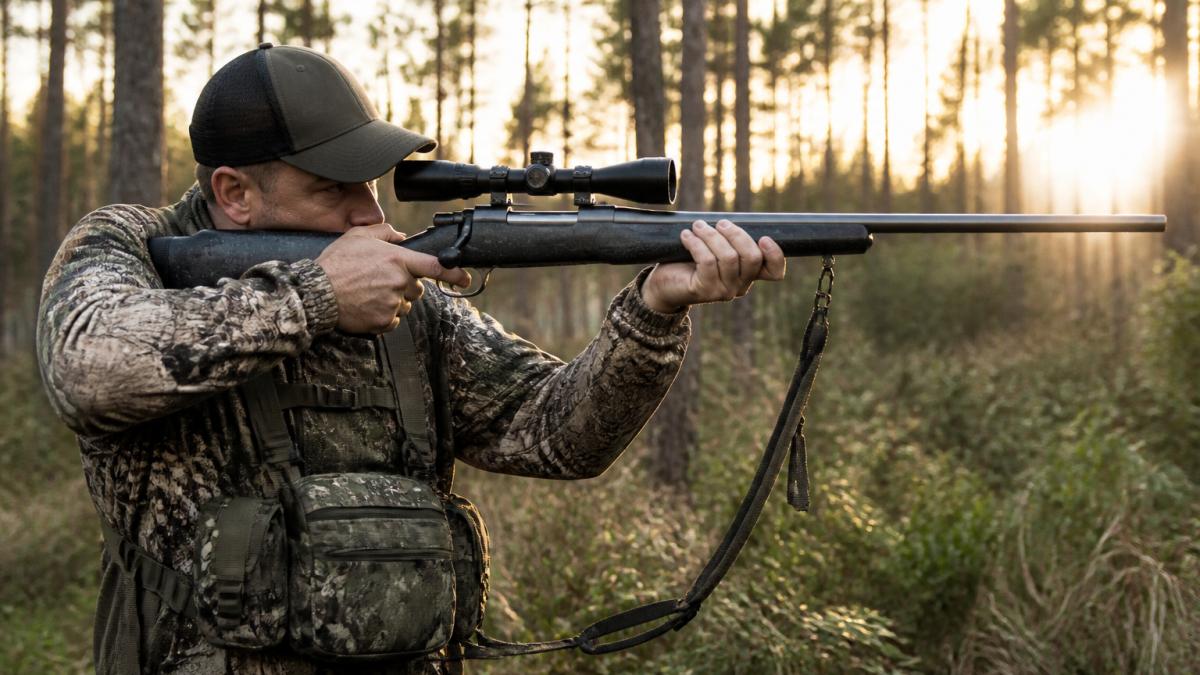 Hunter in field gear aiming a bolt-action hunting rifle under 1000 in a forest with morning light.