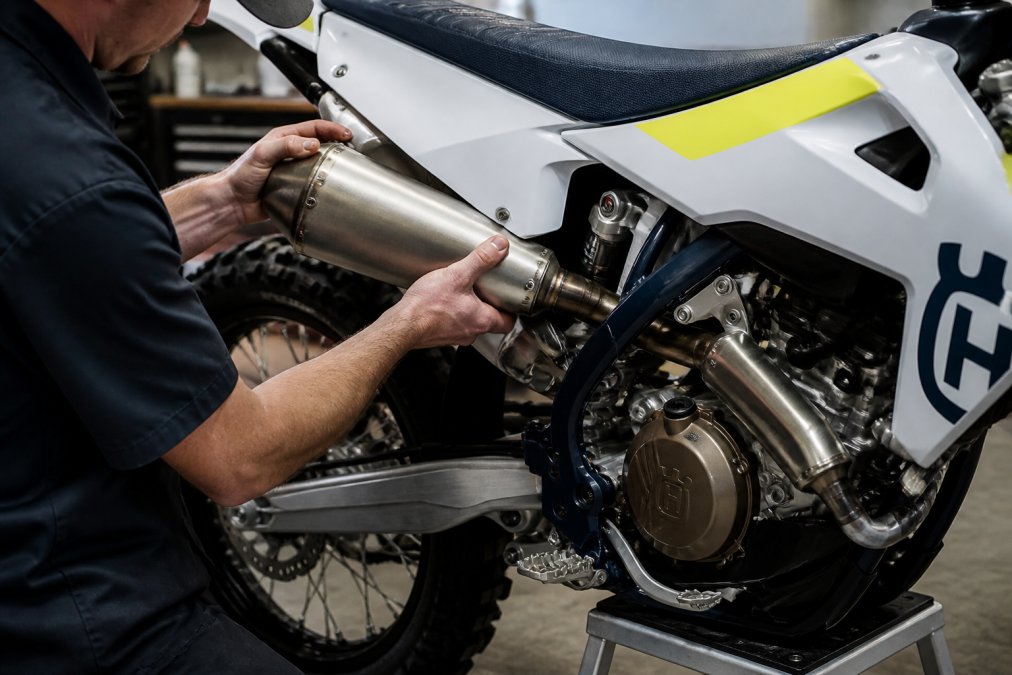 Close-up of a mechanic's hands installing an aftermarket exhaust muffler on a modern Husqvarna dirt bike in a well-lit workshop