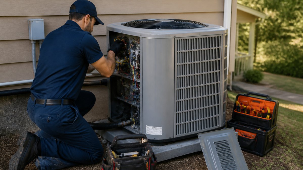 Licensed HVAC technician in uniform installing a new air conditioning unit on an exterior wall of a residential home, with tools and equipment visible nearby