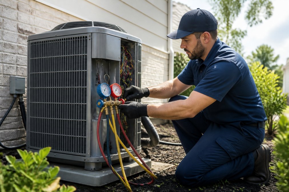 Professional HVAC technician in work uniform inspecting and cleaning the outdoor condenser unit of a residential air conditioning system, checking refrigerant connections with gauges on a sunny residential property