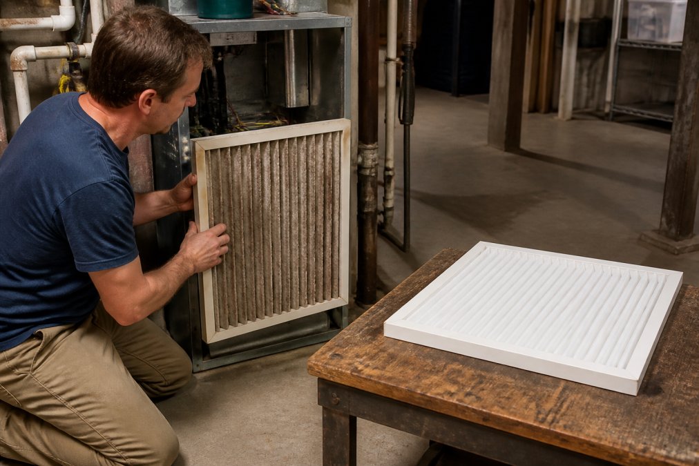 Homeowner in casual clothes carefully removing and examining a dirty white HVAC air filter from a home furnace unit, with a new clean filter visible on a workbench beside the old one, natural basement lighting