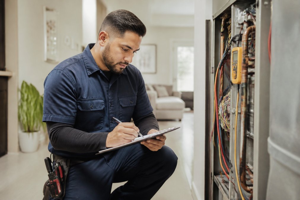 Licensed HVAC technician in uniform performing diagnostic inspection inside residential home, using professional tools and taking detailed notes on clipboard during seasonal maintenance visit