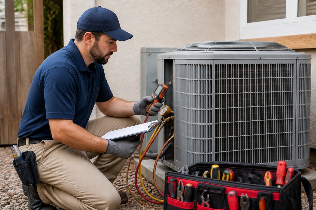 Professional HVAC technician in work uniform checking refrigerant levels and inspecting outdoor condenser coils on residential air conditioning unit during seasonal maintenance visit, holding diagnostic equipment and clipboard