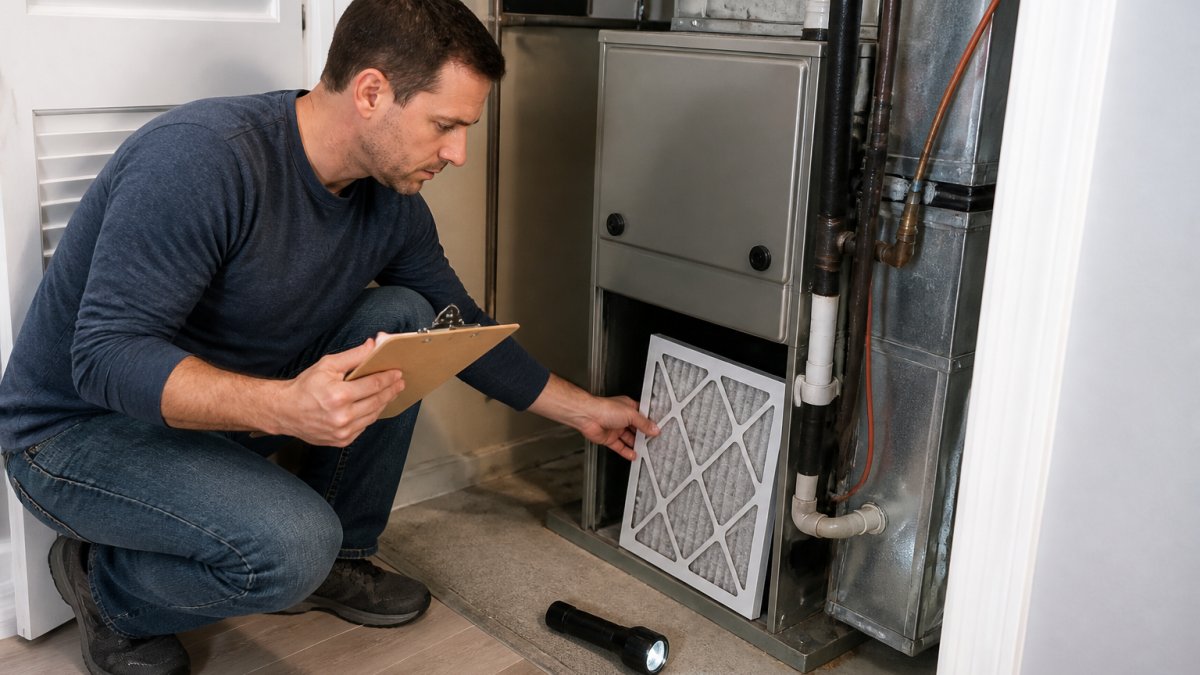 A homeowner in casual clothes kneeling beside a newly installed HVAC system in a clean utility closet, holding a clipboard and inspecting the air filter slot, with a flashlight nearby