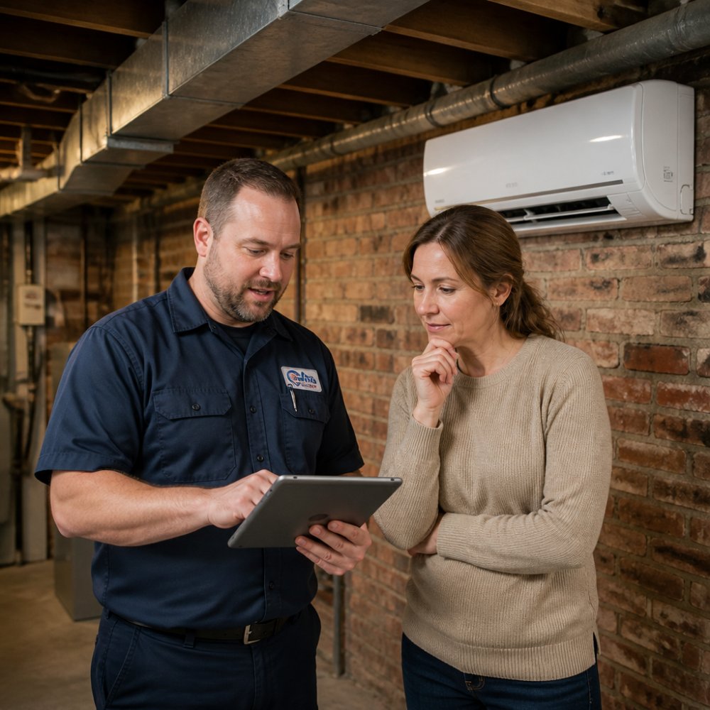 Technician checking a tablet next to a ductless HVAC system for old homes in a historic brick basement