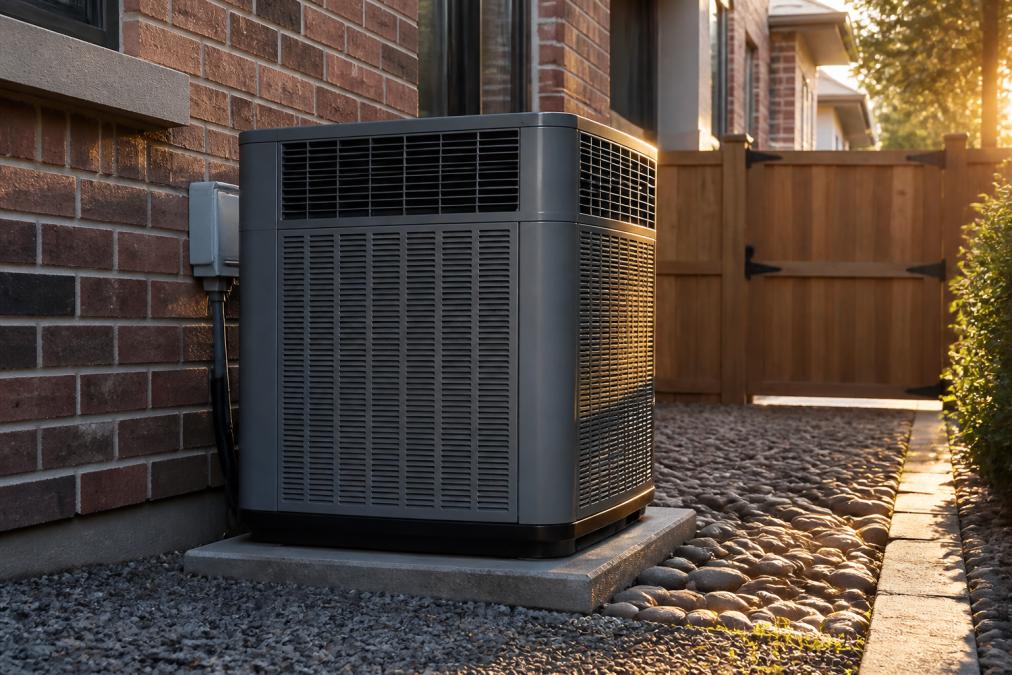 A narrow, three-story brick townhouse with a compact, side-discharge HVAC unit installed in a small, fenced side yard, late afternoon light casting long shadows