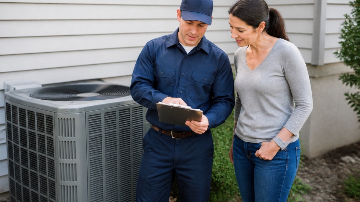A licensed HVAC technician in uniform reviewing a clipboard with a homeowner next to an outdoor heat pump unit, bright daylight, residential setting