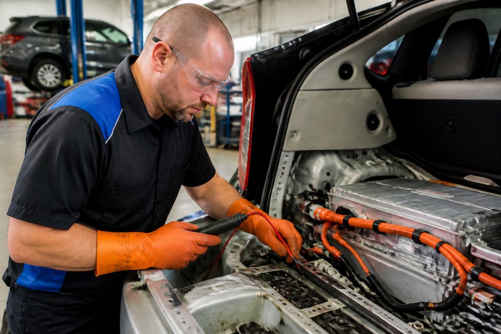 ASE-certified technician performing a hybrid car diagnostic on a high-voltage battery in a repair bay.