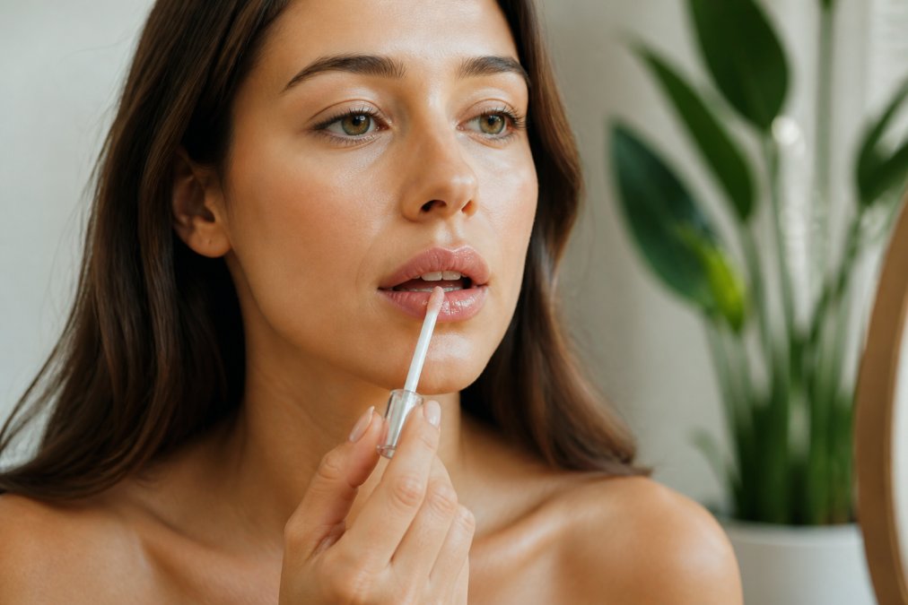 Close-up of a woman applying clear hydrating lip gloss with a doe-foot applicator, soft natural light, glossy finish visible on lips, clean beauty setting