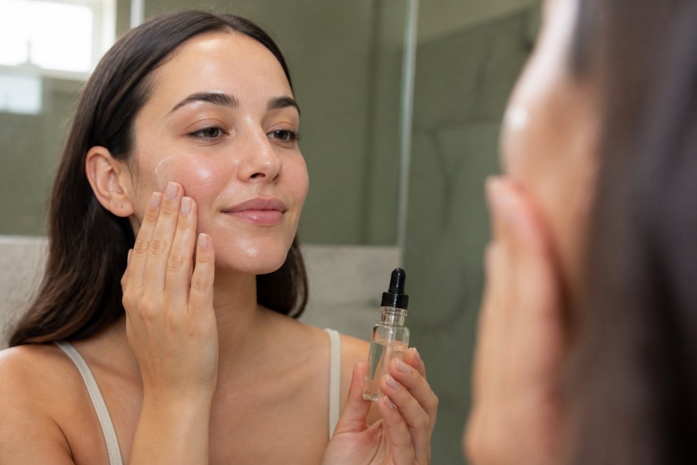 Close-up of a woman with clear, glowing skin gently pressing a few drops of clear serum into her damp face with both palms, standing in a clean, softly lit bathroom with white tiles and natural morning light