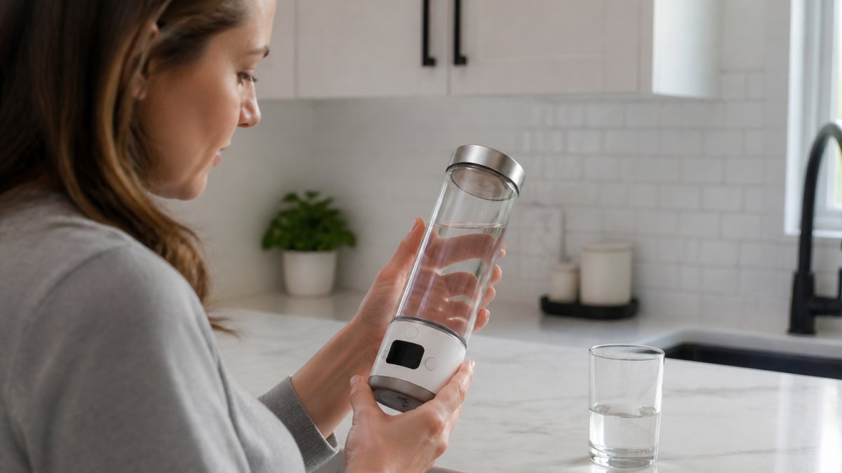 Person holding a hydrogen water bottle while checking the digital display screen, with a glass of water on a kitchen counter nearby