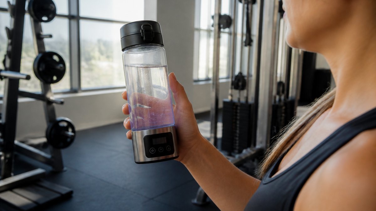 Person holding sleek portable hydrogen water bottle with full-color touchscreen display in modern gym setting, natural lighting showing the illuminated interface