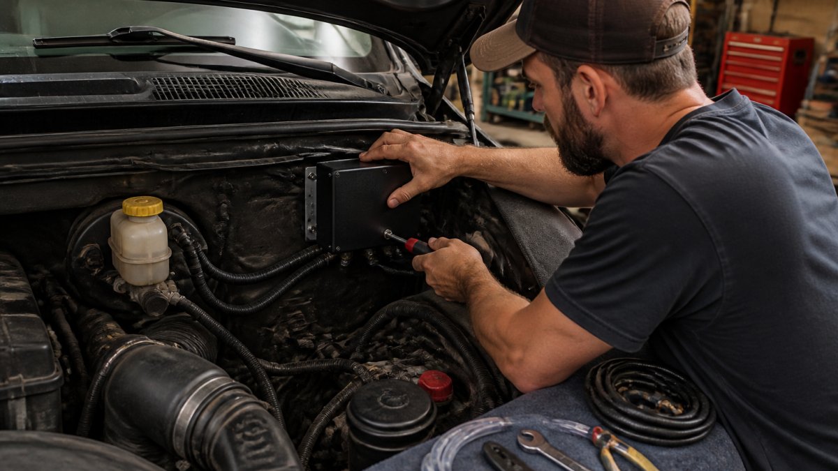 A DIY enthusiast in a home garage mounting a compact HHO generator box to a truck engine bay with hand tools and hoses nearby