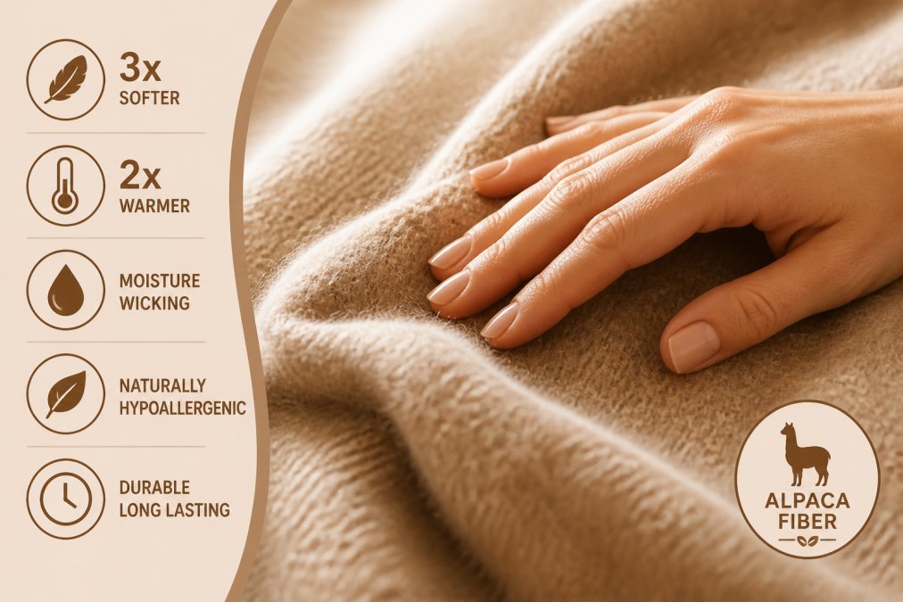 Close-up of a person's hand gently touching soft alpaca fiber fabric, showing the smooth texture and natural luster against diffused natural lighting