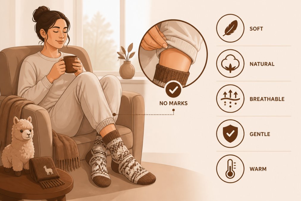 Person sitting comfortably at home wearing soft hypoallergenic alpaca socks and loungewear, relaxed posture with natural window lighting showing the comfortable fit without visible tension marks on skin
