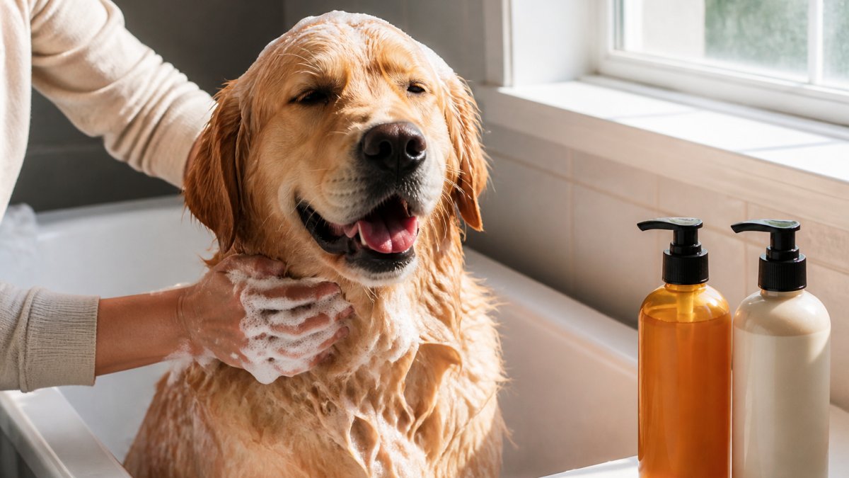 A happy golden retriever being bathed in a bathtub with suds, owner's hands gently massaging the dog's coat, bright natural light, bottles of dog shampoo on the tub edge