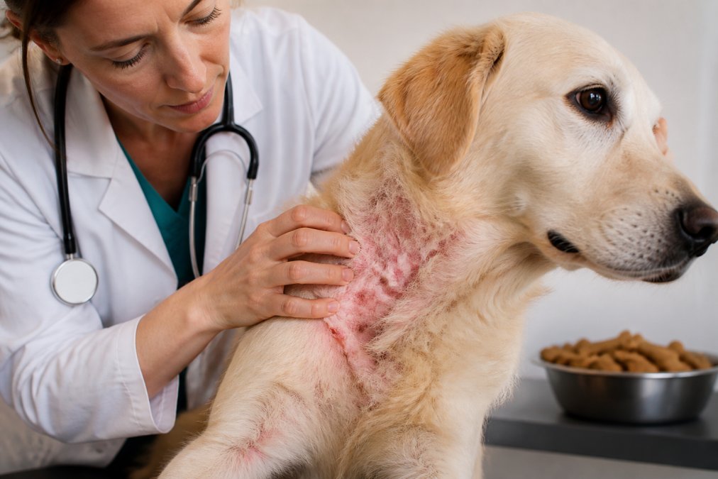 Close-up of a dog with itchy skin being gently examined by a vet, with a bowl of dog treats in the background