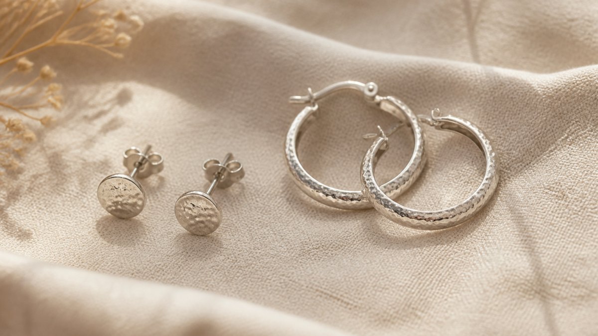Close-up of delicate sterling silver stud and hoop earrings displayed on a soft cream linen surface, showing intricate detail of hammered finish and polished edges with natural window lighting