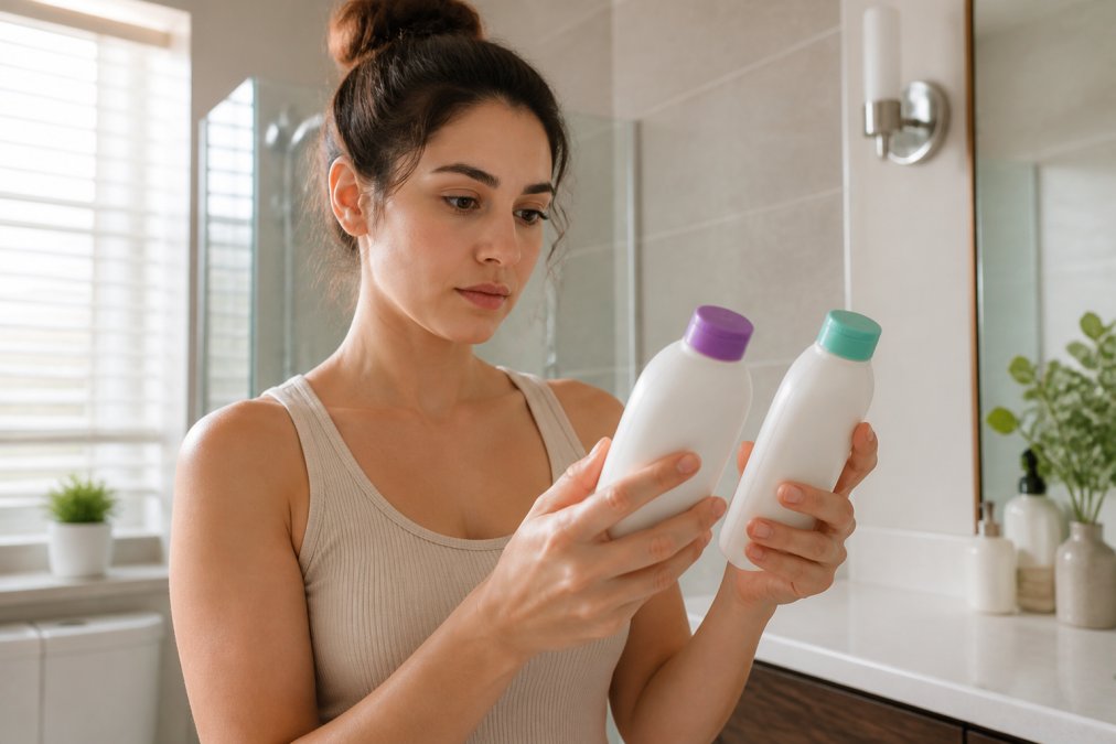 A woman in a bright bathroom holding two feminine care product bottles side by side, reading the ingredient labels with a focused expression