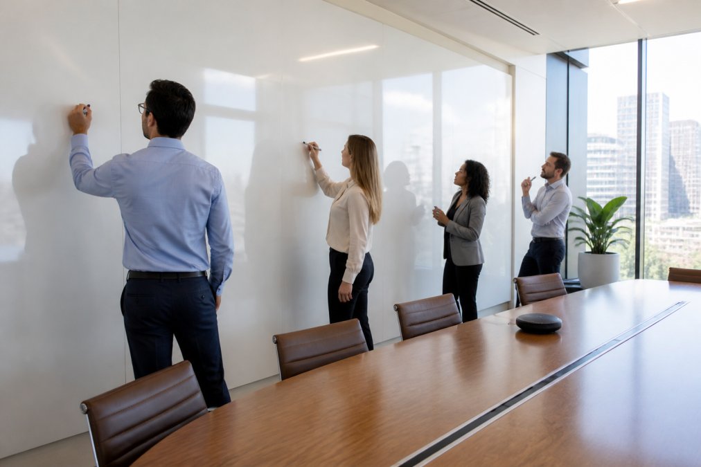 Professional office boardroom with entire wall covered in white magnetic dry-erase wallcovering, team of four professionals writing on surface with dry-erase markers during strategy meeting, natural sunlight from large windows, modern furniture visible