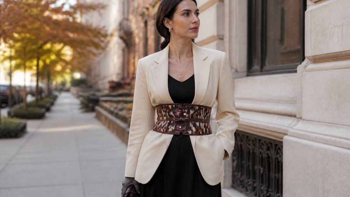 A woman in a cream tailored blazer wearing a reversible ikat corset belt over a simple black dress, standing on a city sidewalk in autumn light, with muted green and russet brown leaves visible in the background