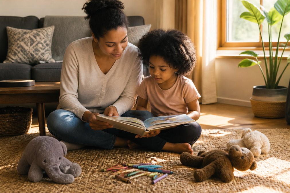 A parent and young child sitting cross-legged on a living room rug, reading a colorful picture book together while stuffed animal toys and crayons are scattered nearby, warm afternoon light through a window