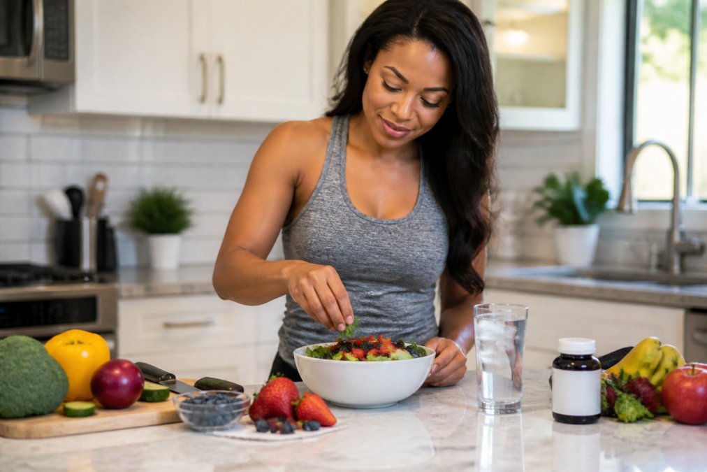 A health-conscious adult preparing a colorful bowl of fresh fruits and vegetables in a bright home kitchen, with a glass of water and a daily supplement bottle on the counter
