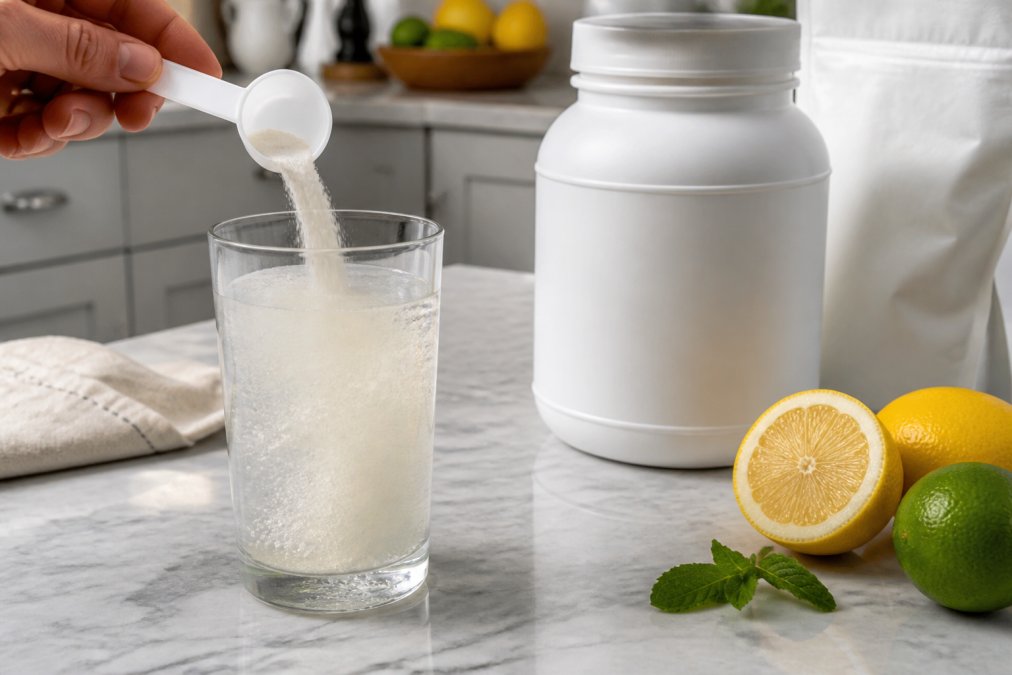 Close-up of a glass of water with supplement powder being mixed in, with supplement containers and fresh citrus fruits on a clean kitchen counter