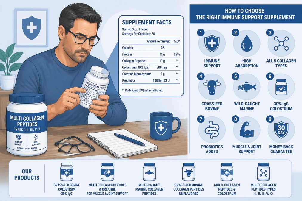 Adult reading a supplement label carefully while holding a bottle, with glasses and a notepad nearby on a wooden table