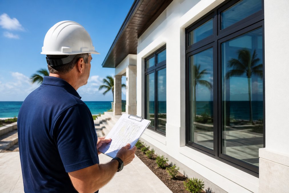 A contractor in a hard hat reviewing window specifications on a clipboard in front of a coastal home under a bright blue sky