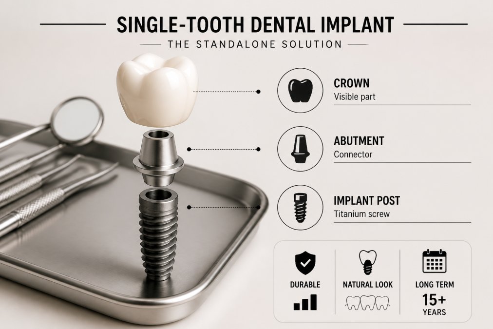 Close-up of a dental implant model on a clean clinical tray showing the titanium post, abutment, and crown under soft overhead lighting