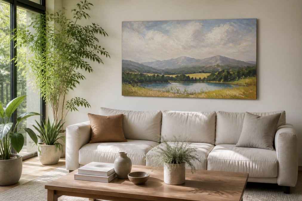 Large impressionistic landscape canvas hanging above a neutral sofa in a bright modern Scandinavian living room