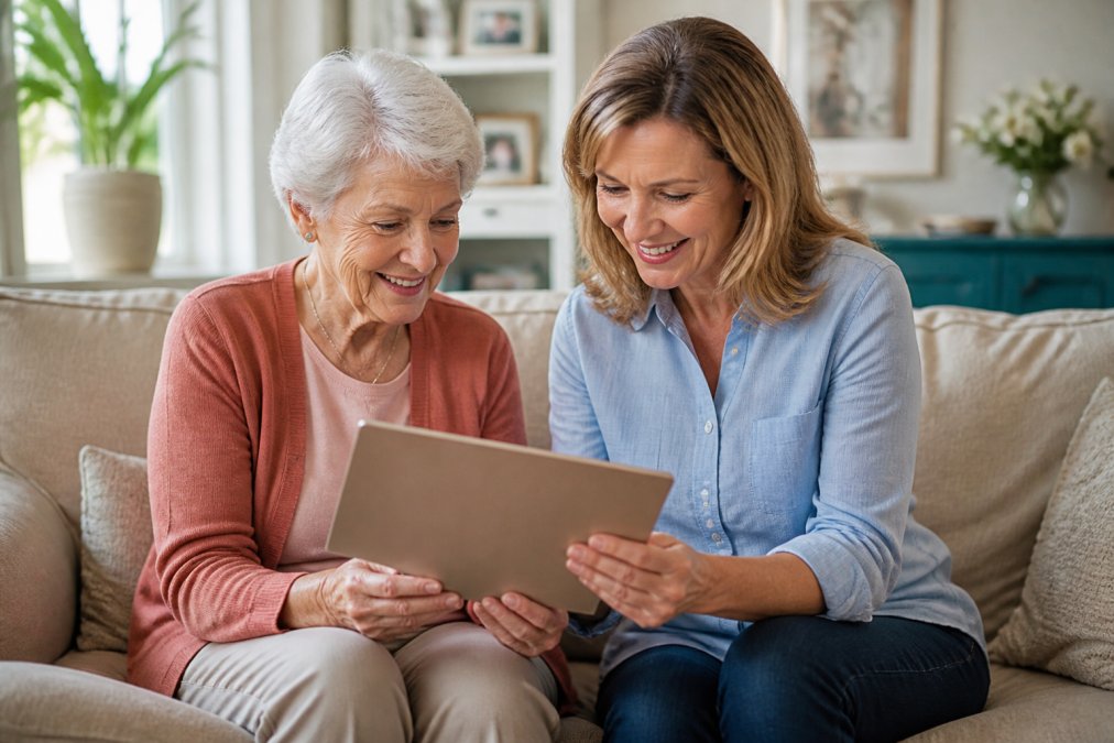 Adult daughter and elderly mother sitting together at home reviewing care plan documents on a tablet, smiling with trust and comfort