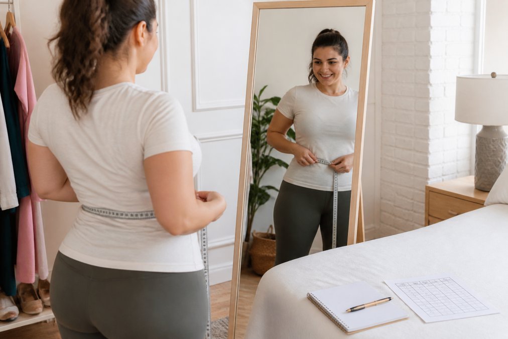 Infographic showing the step-by-step process to measure your waist for inclusive sizing accurately at home